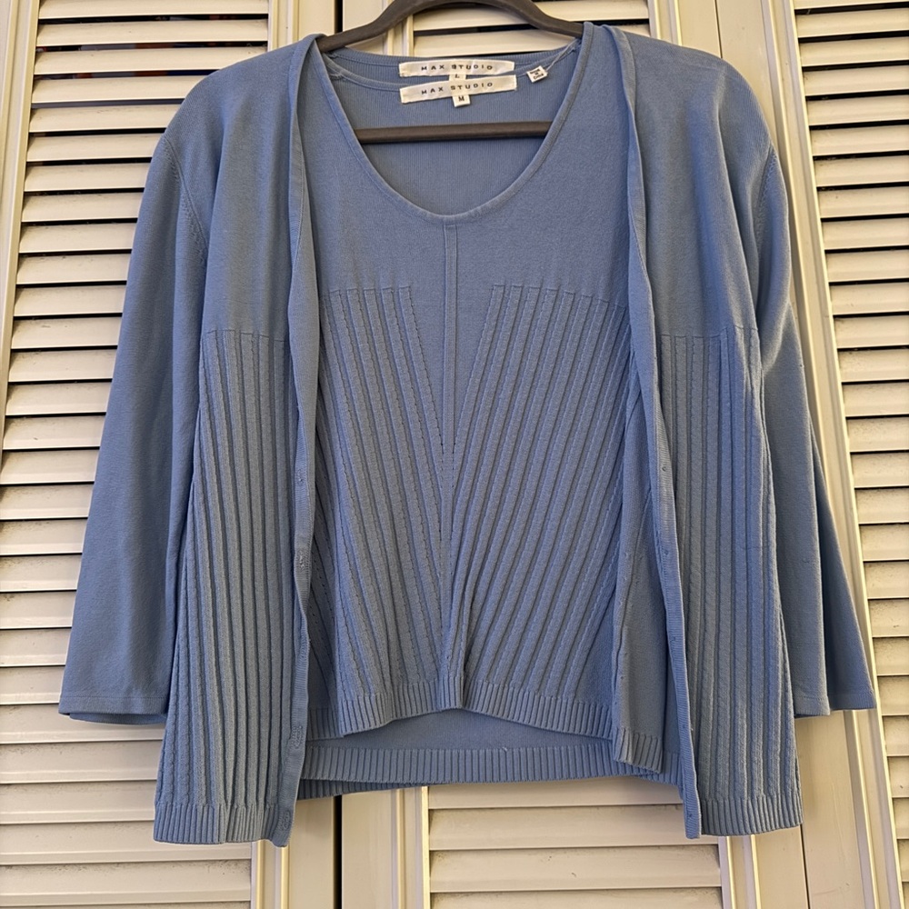 Max Studio Dusty Blue Knit Top and Open Cardigan Set